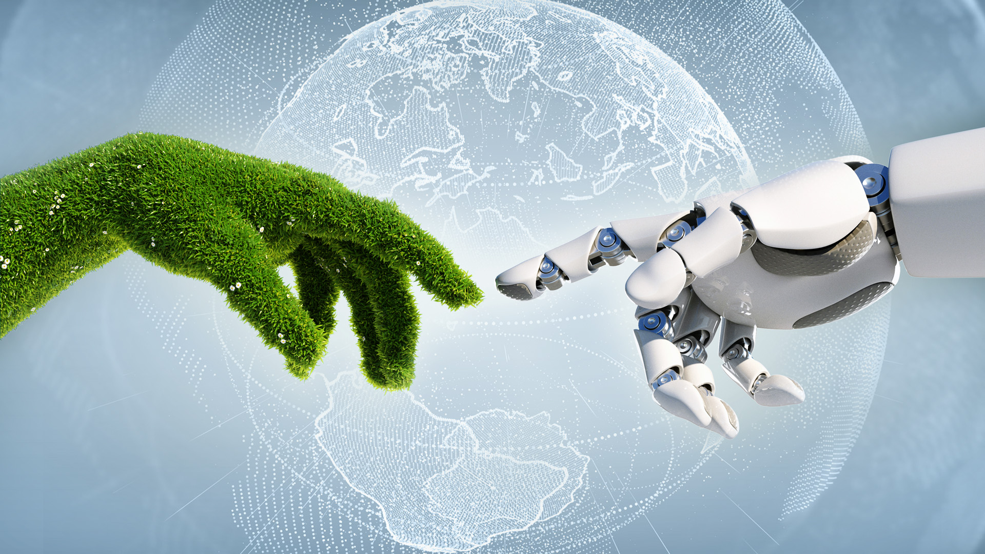 Nature and technology abstract concept, robot hand and natural h
